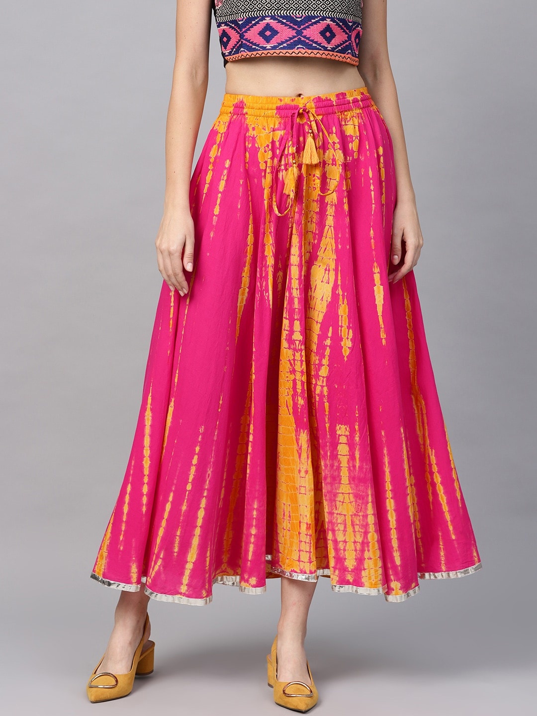 

Varanga Pink and Yellow Dyed Maxi Pure Cotton Flared Skirt