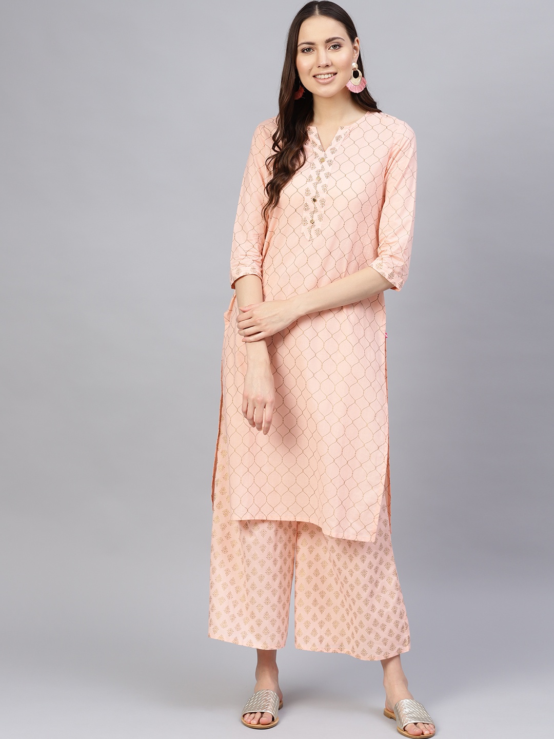 

Varanga Women Peach-Coloured & Golden Printed Kurta with Palazzos