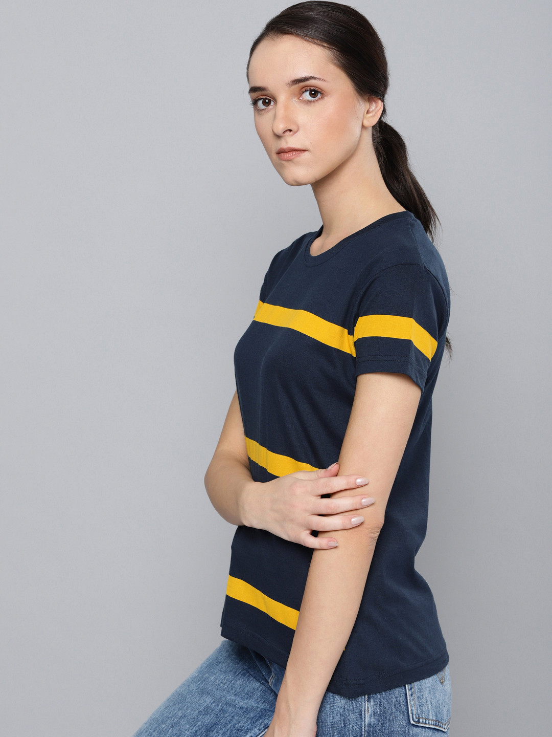 

DILLINGER Women Navy Blue Yellow Striped Round Neck Pure Cotton T-shirt