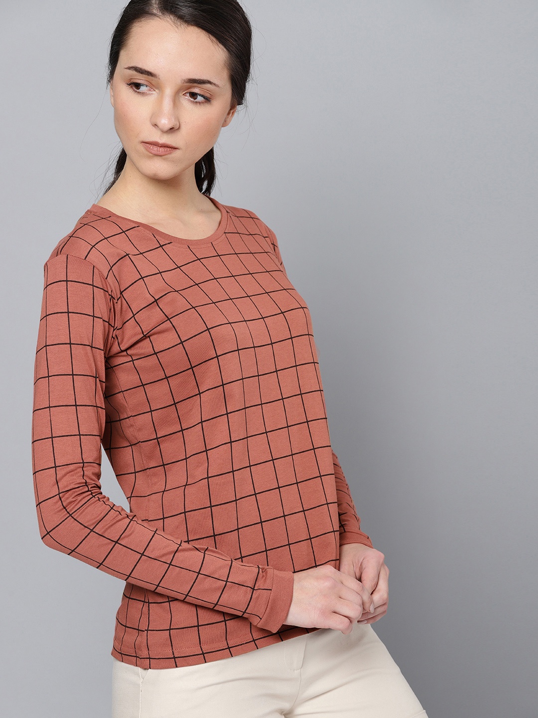 

DILLINGER Women Brown & Black Checked Round Neck T-shirt