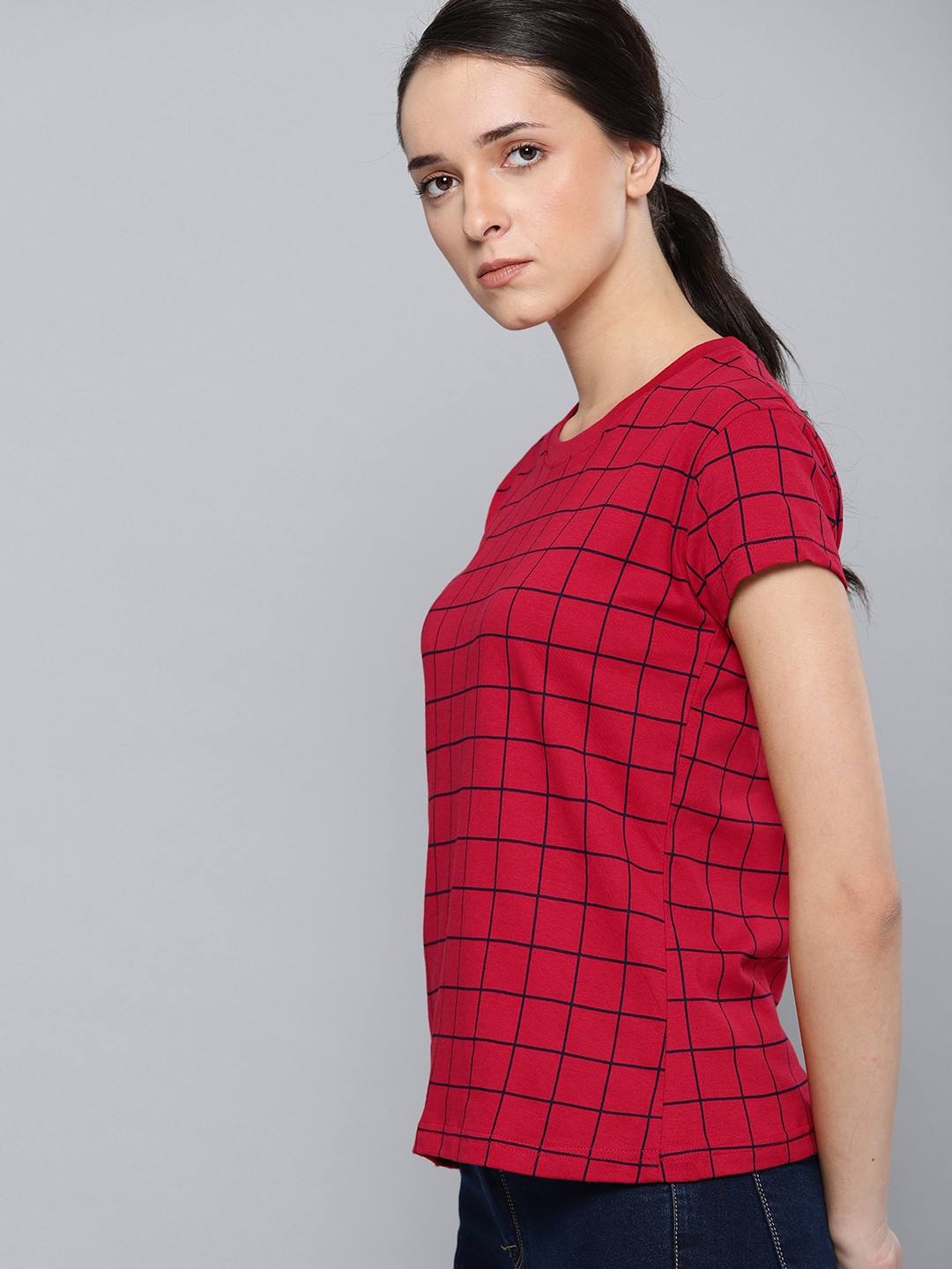 

DILLINGER Women Red & Black Checked Round Neck T-shirt
