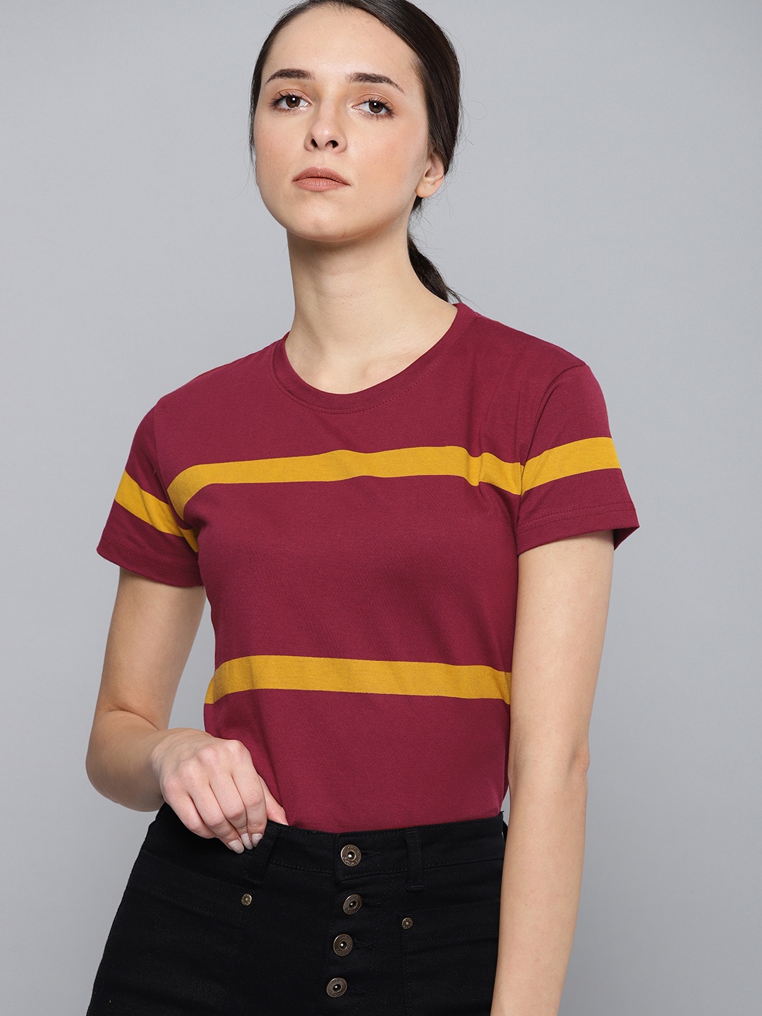

DILLINGER Women Maroon Mustard Yellow Striped Round Neck Pure Cotton T-shirt