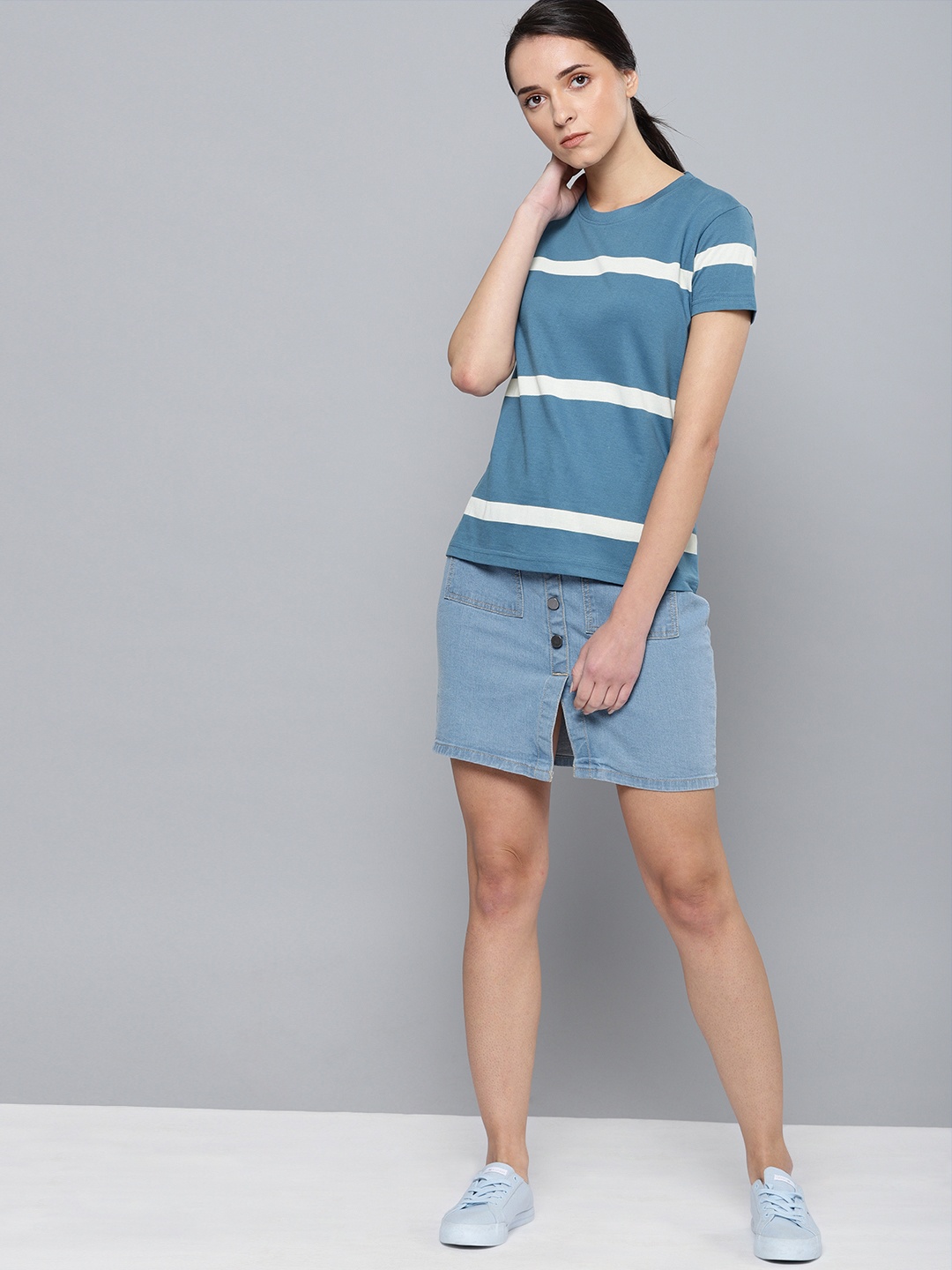 

DILLINGER Women Blue Off-White Striped Round Neck Pure Cotton T-shirt