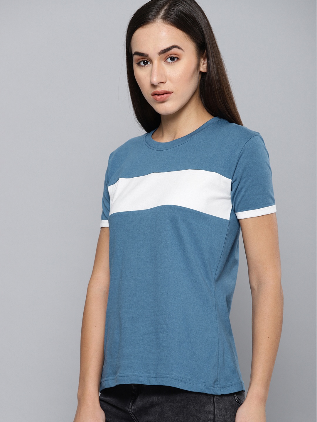 

DILLINGER Women Blue White Colourblocked Round Neck Pure Cotton T-shirt