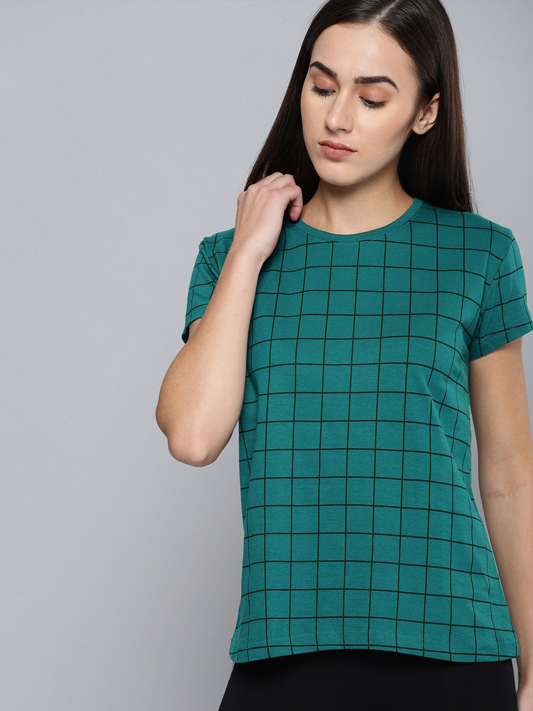 

DILLINGER Women Teal Green & Black Checked Round Neck T-shirt