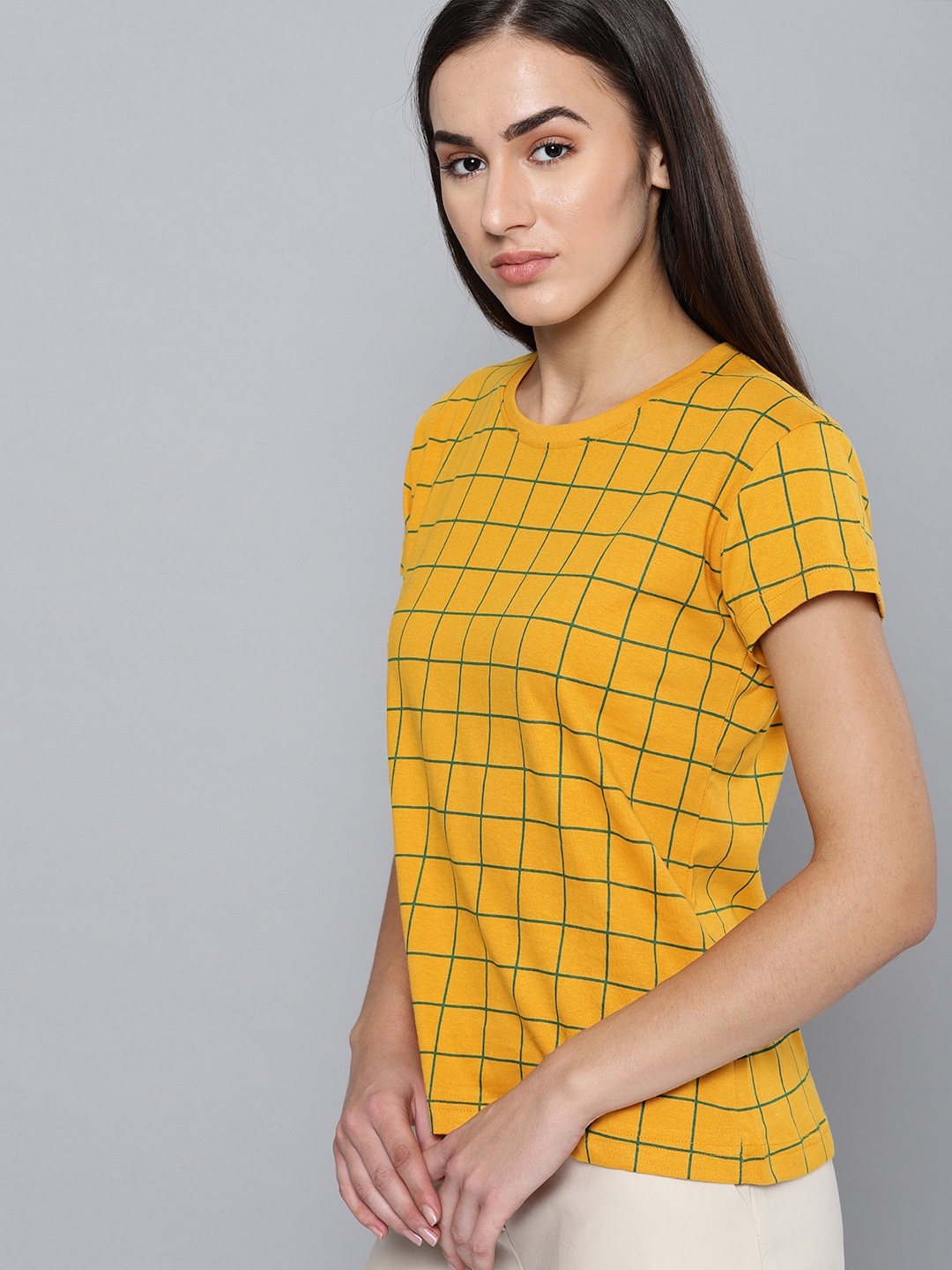 

DILLINGER Women Mustard Yellow & Green Checked Round Neck T-shirt