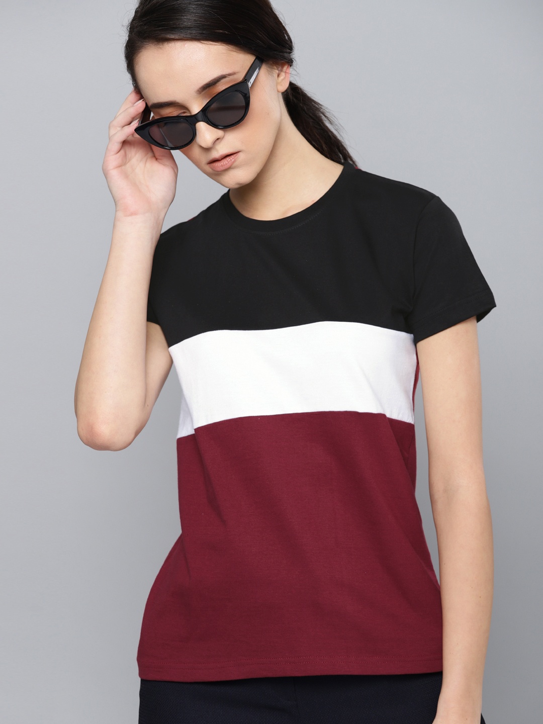 

DILLINGER Women Maroon Black Colourblocked Round Neck Pure Cotton T-shirt