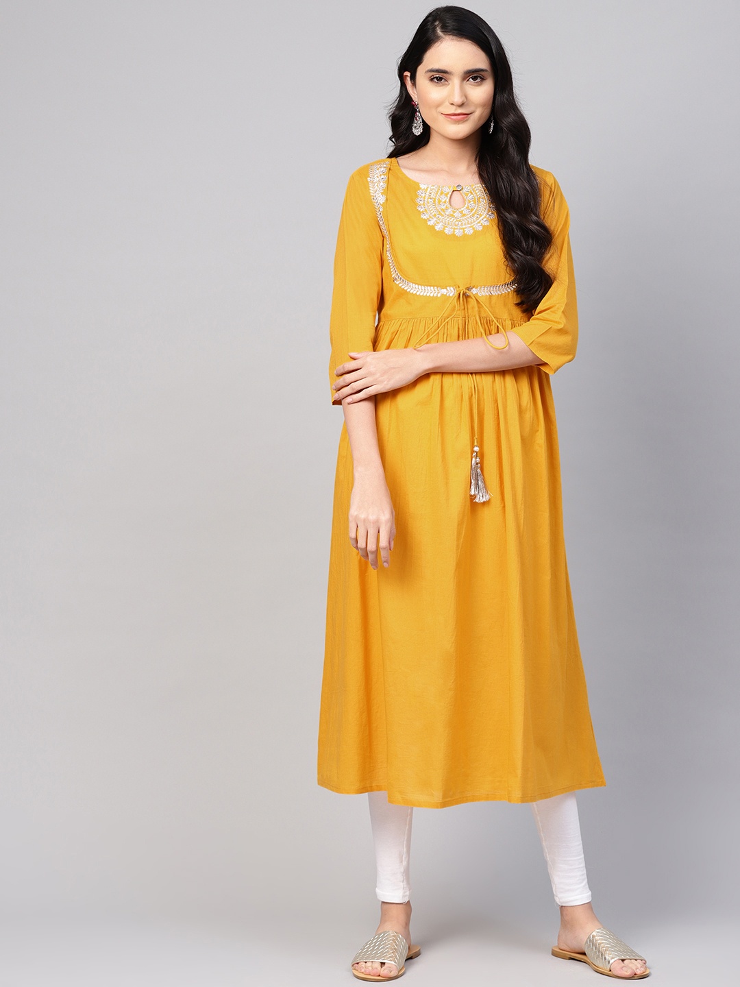 

Varanga Women Mustard Yellow Yoke Design Pure Cotton Gathered Keyhole Neck Kurta