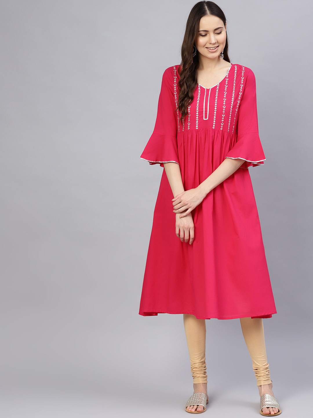 

Varanga Women Fuchsia Pink & Silver Yoke Design A-Line Kurta