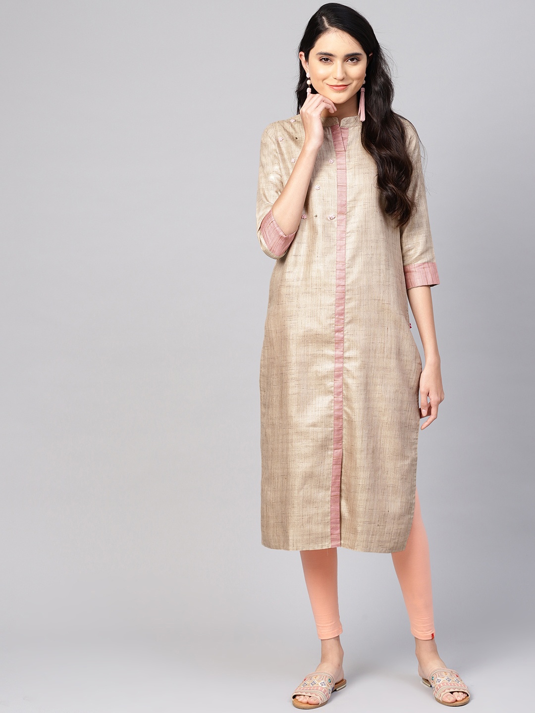 

Varanga Women Beige Woven Design Straight Kurta