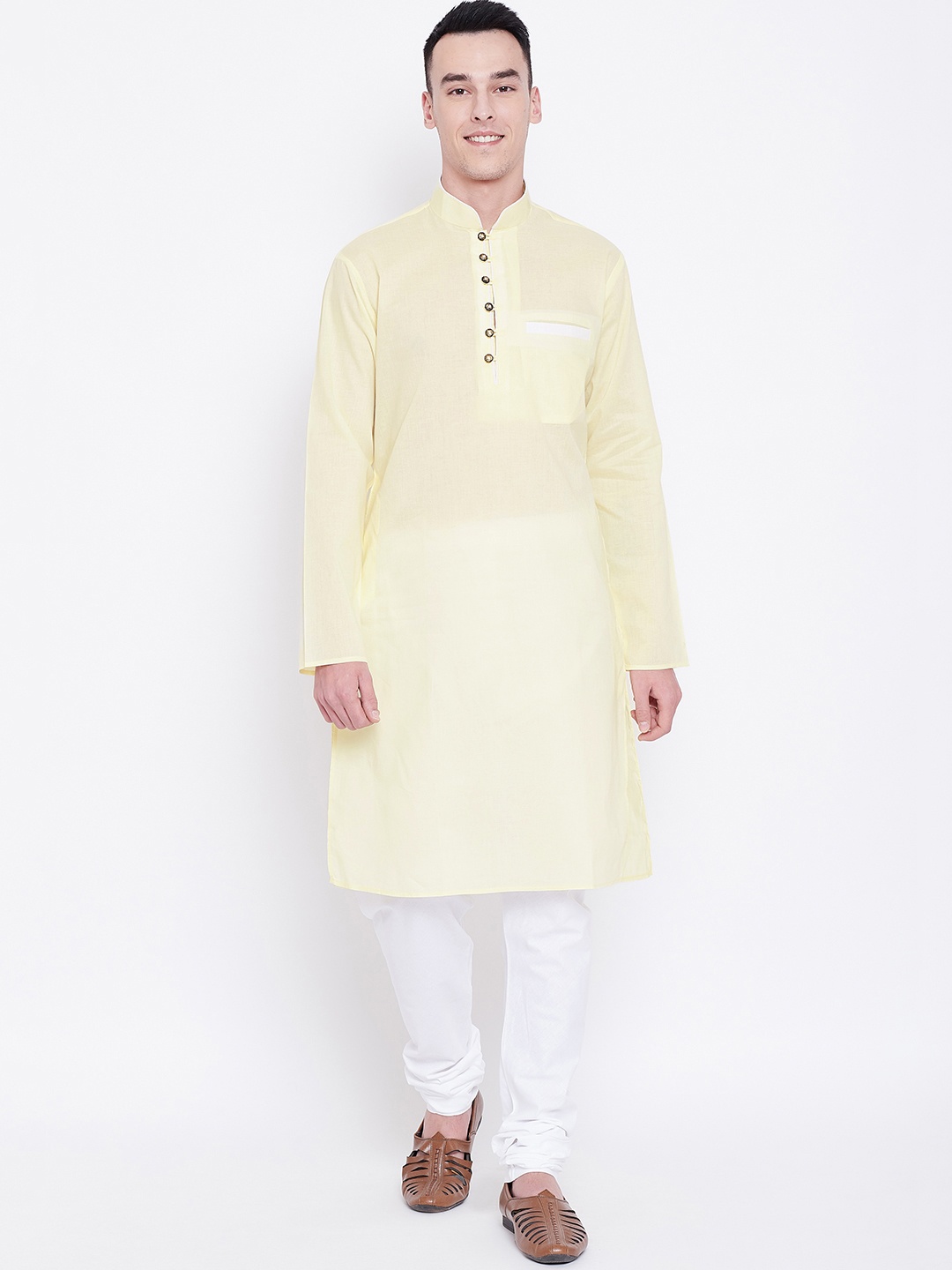 

SG LEMAN Men Yellow & White Solid Kurta with Churidar