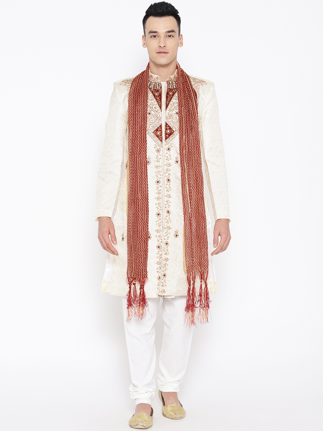 

SG LEMAN Men Cream-Coloured & Off White Embellished Raw Silk Sherwani