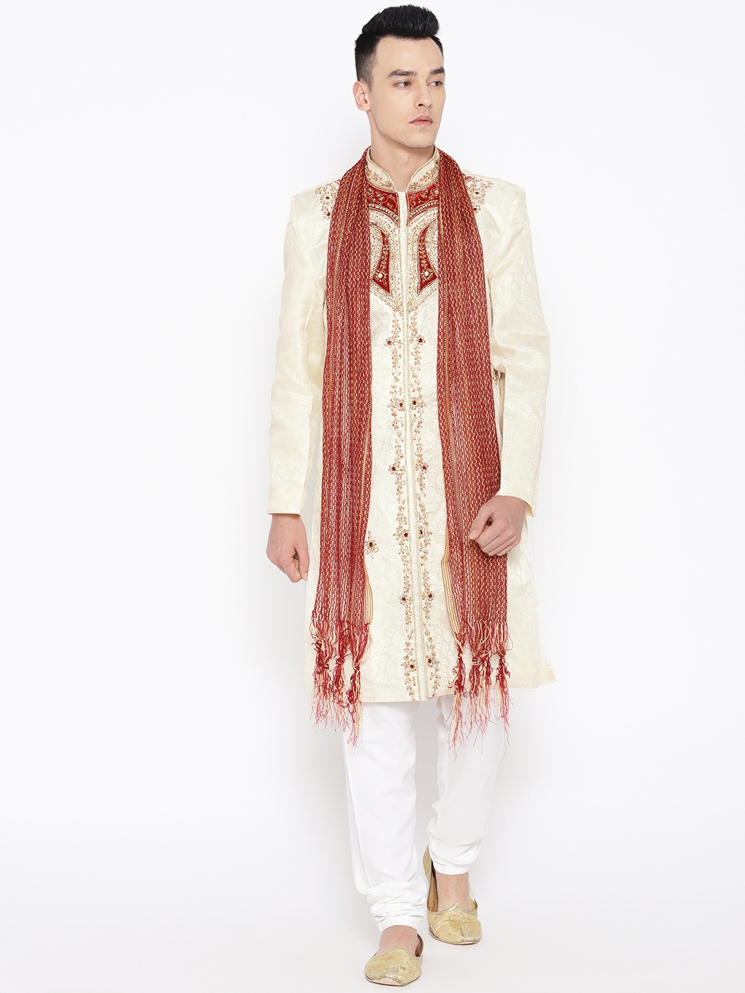 

SG LEMAN Men Cream-Coloured & Maroon Embellished Sherwani with Churidar & Stole