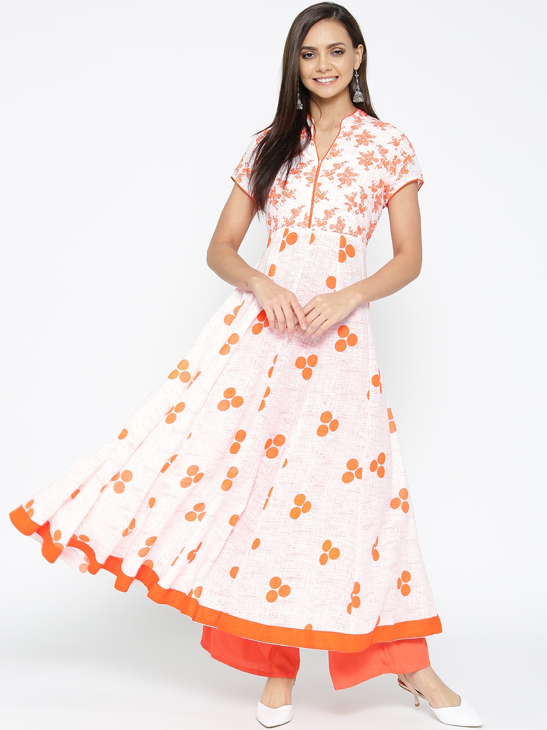 

Poshak Hub Women White & Orange Printed Anarkali Kurta
