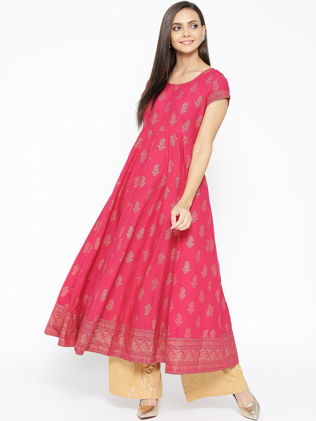 

Poshak Hub Women Pink & Golden Printed Anarkali Kurta