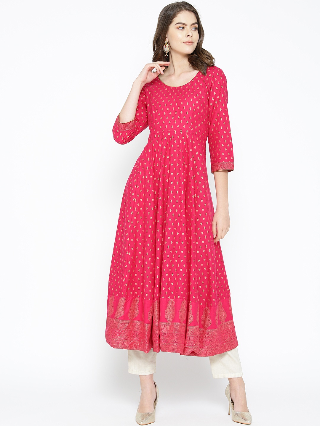 

Poshak Hub Women Pink & Golden Printed Anarkali Kurta