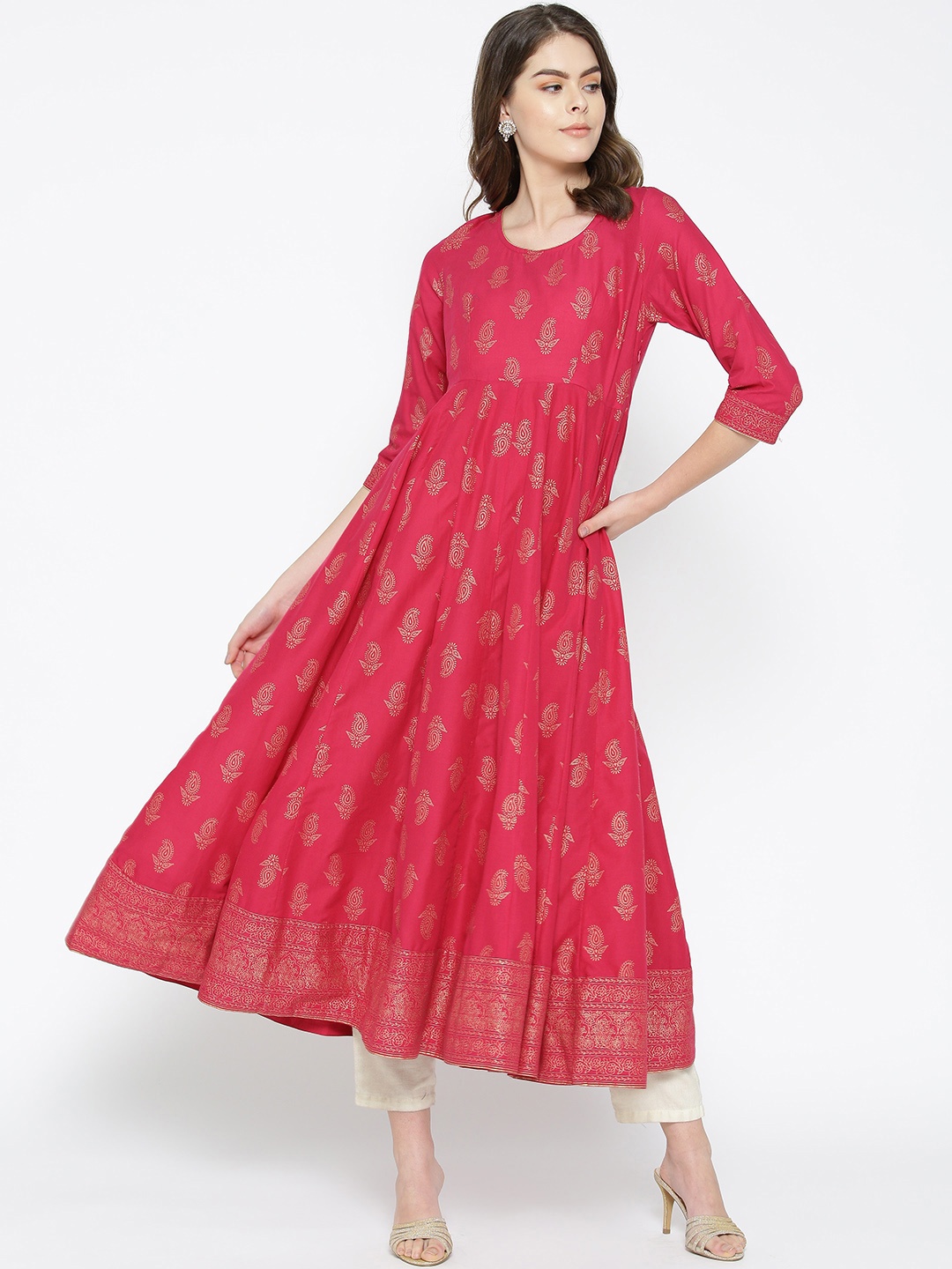 

Poshak Hub Women Pink & Golden Printed Anarkali Kurta