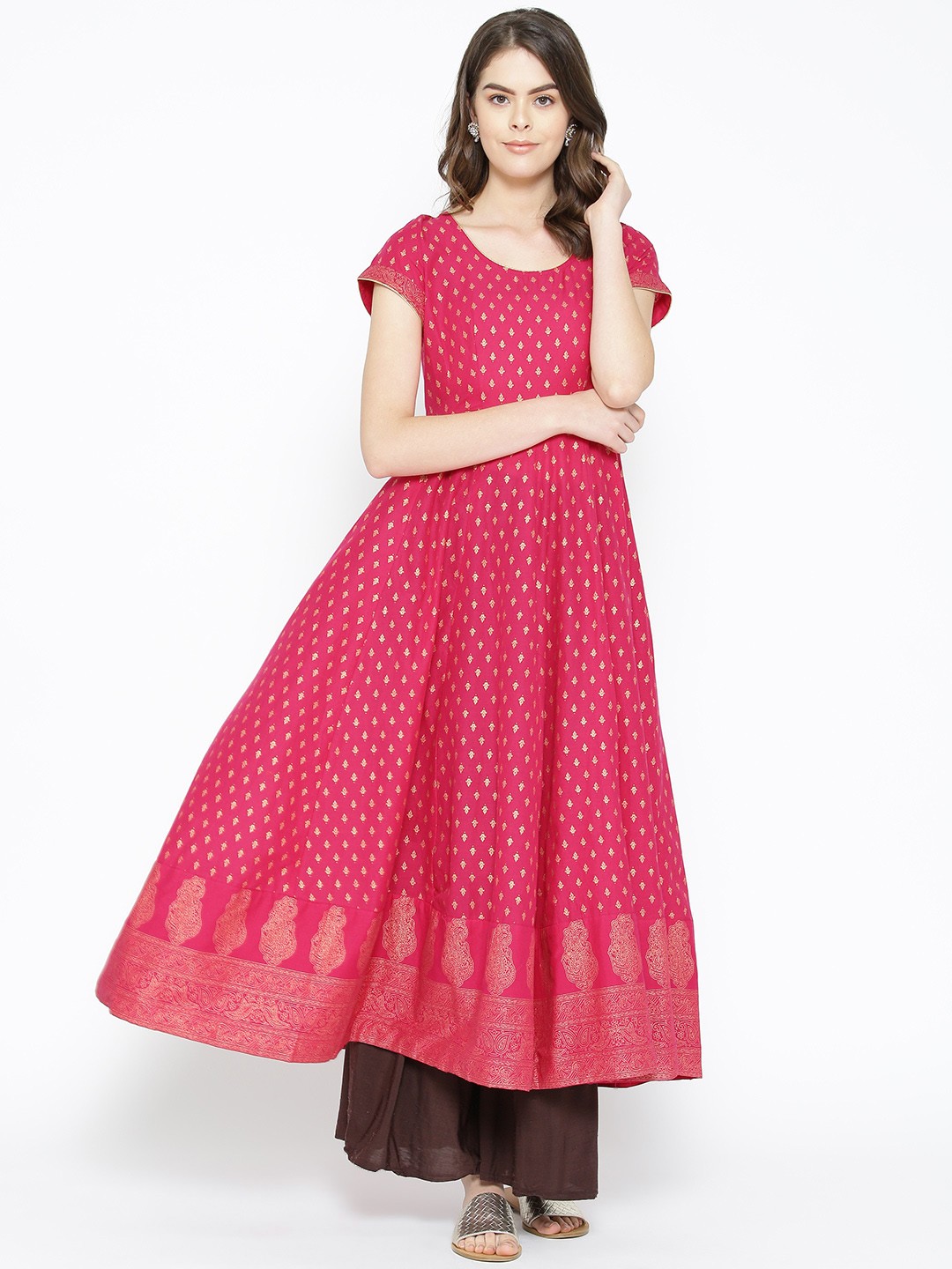 

Poshak Hub Women Pink & Golden Printed Anarkali Kurta
