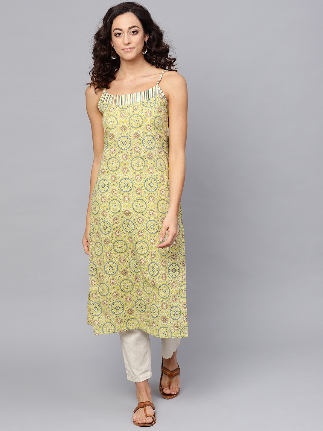 

anayna Women Green & Off-White Printed Straight Kurta