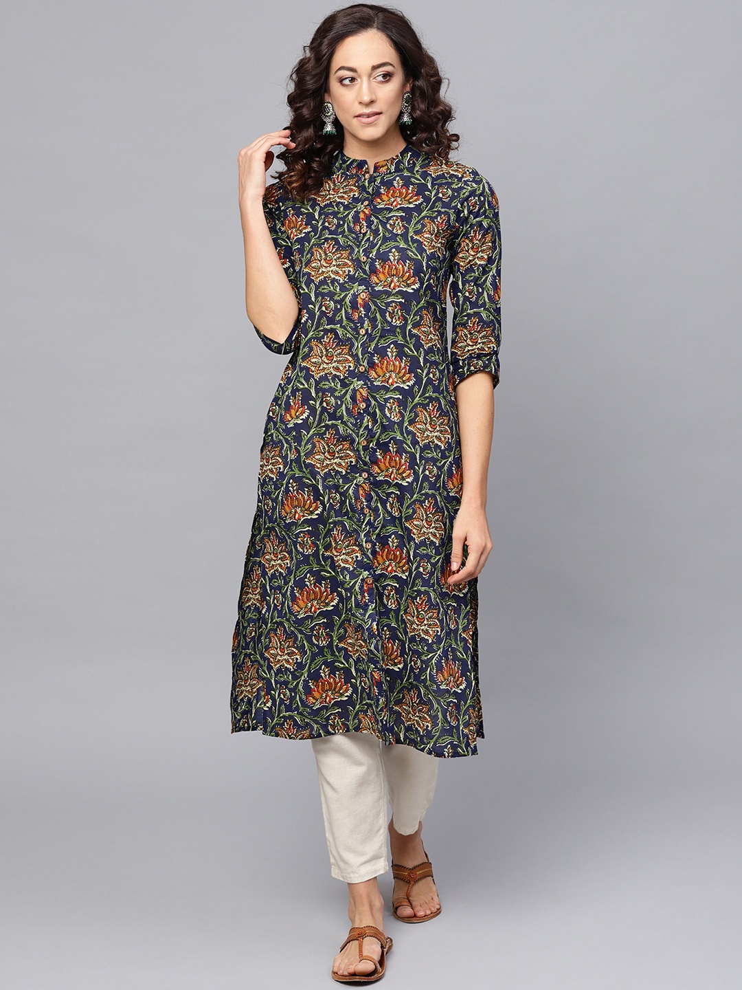 

anayna Women Navy Blue & Green Floral Print Straight Kurta