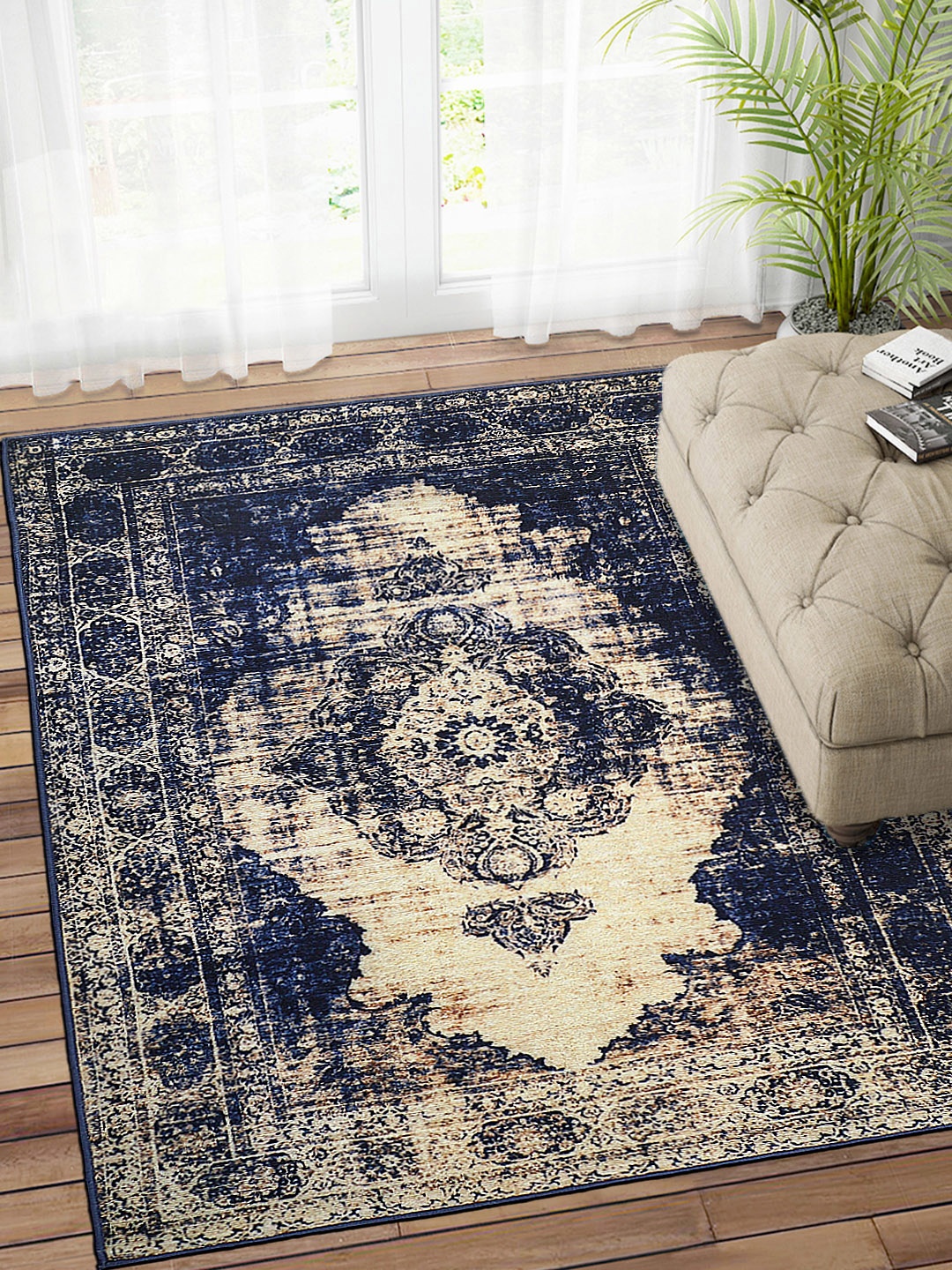 

Status Blue & Beige Printed Polyester Anti-Skid Vintage Persian Carpet