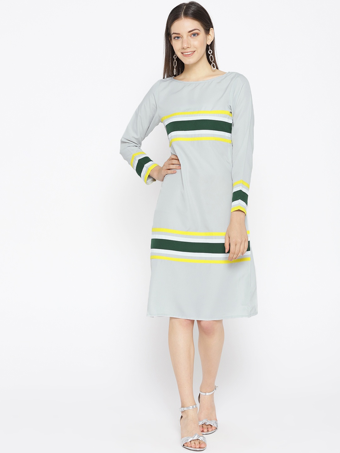

Karmic Vision Women Grey Striped Detail A-Line Dress