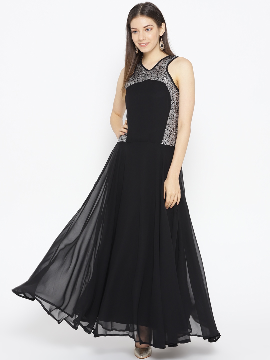 

Karmic Vision Women Black & Silver Sequinned Detail Maxi Dress