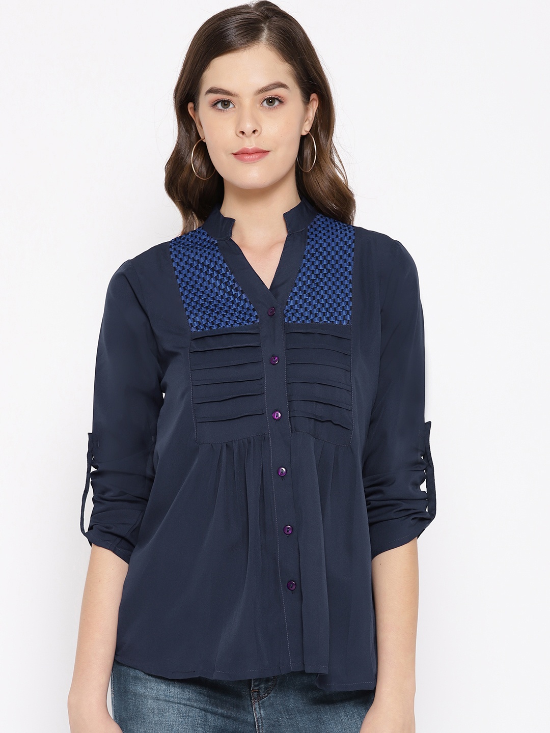 

Karmic Vision Women Navy Blue Solid Shirt Style Top
