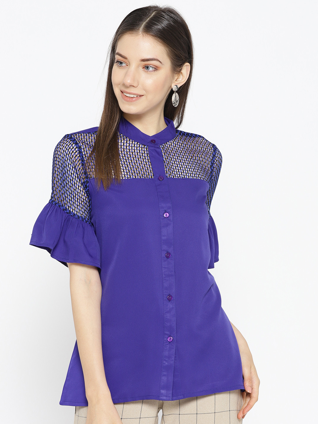 

Karmic Vision Women Blue Solid Semi-Sheer Shirt Style Top