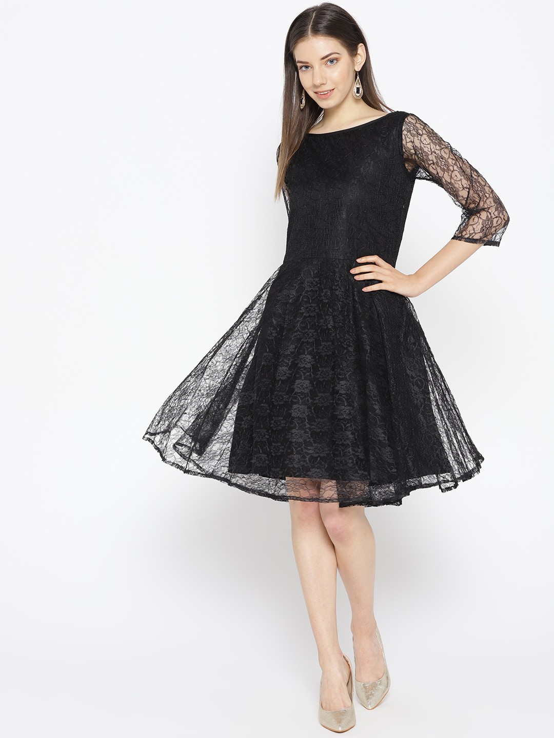 

Karmic Vision Women Black Lace Fit and Flare Dress