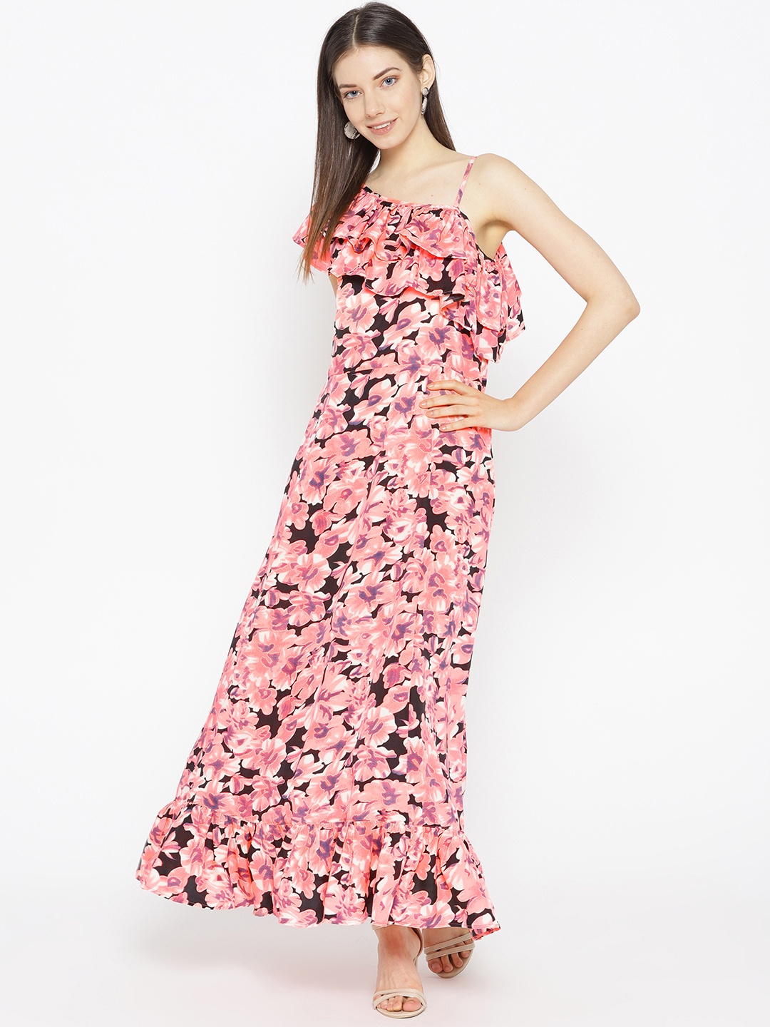 

Karmic Vision Women Pink & Black Floral Printed Maxi Dress