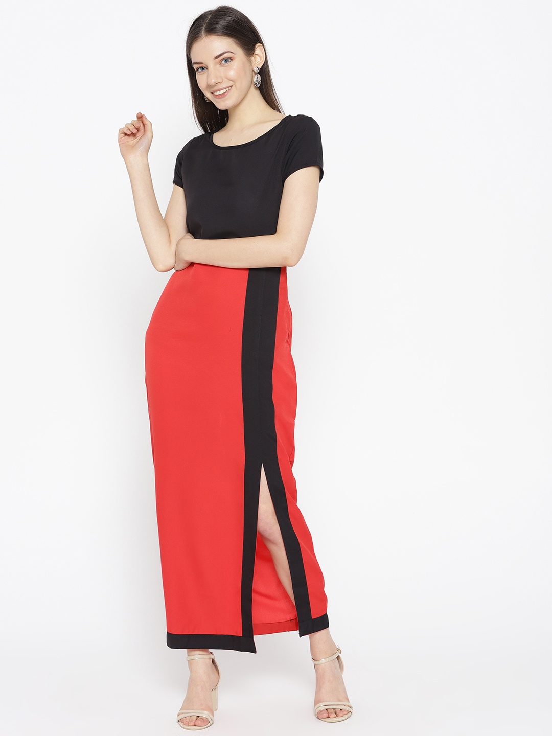 

Karmic Vision Women Black & Red Colourblocked Maxi Dress