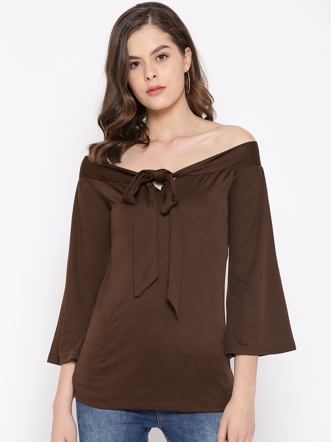 

Karmic Vision Women Brown Solid Bardot Top
