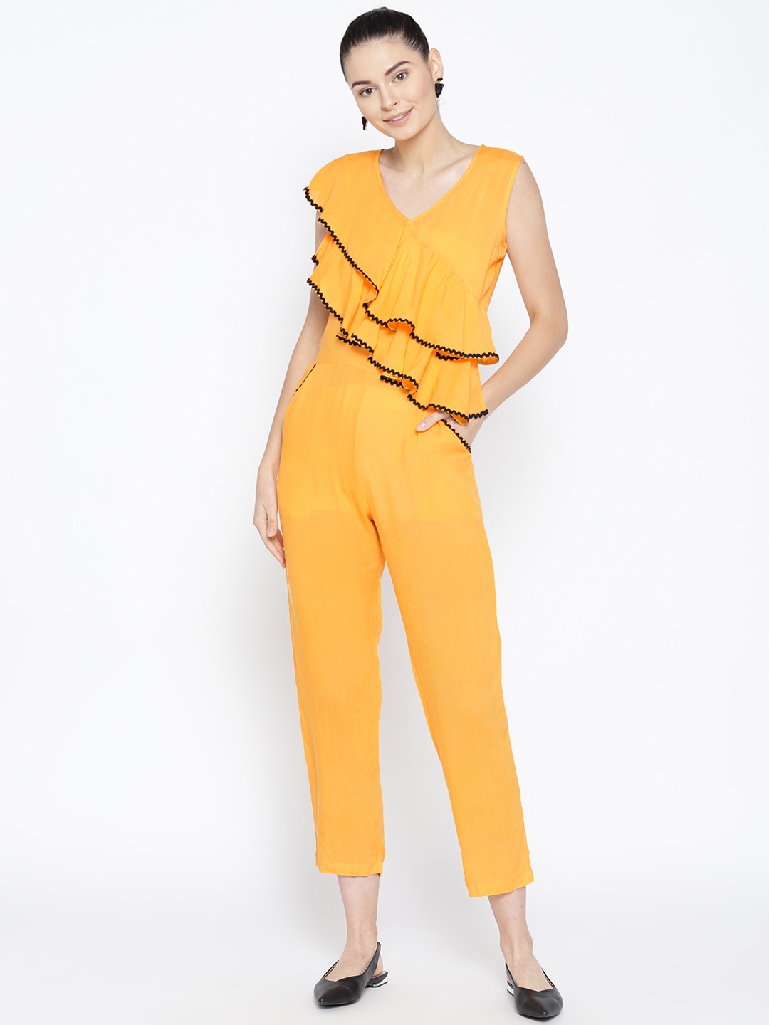 

Karmic Vision Women Blue Solid Ruffled Basic Jumpsuit, Mustard