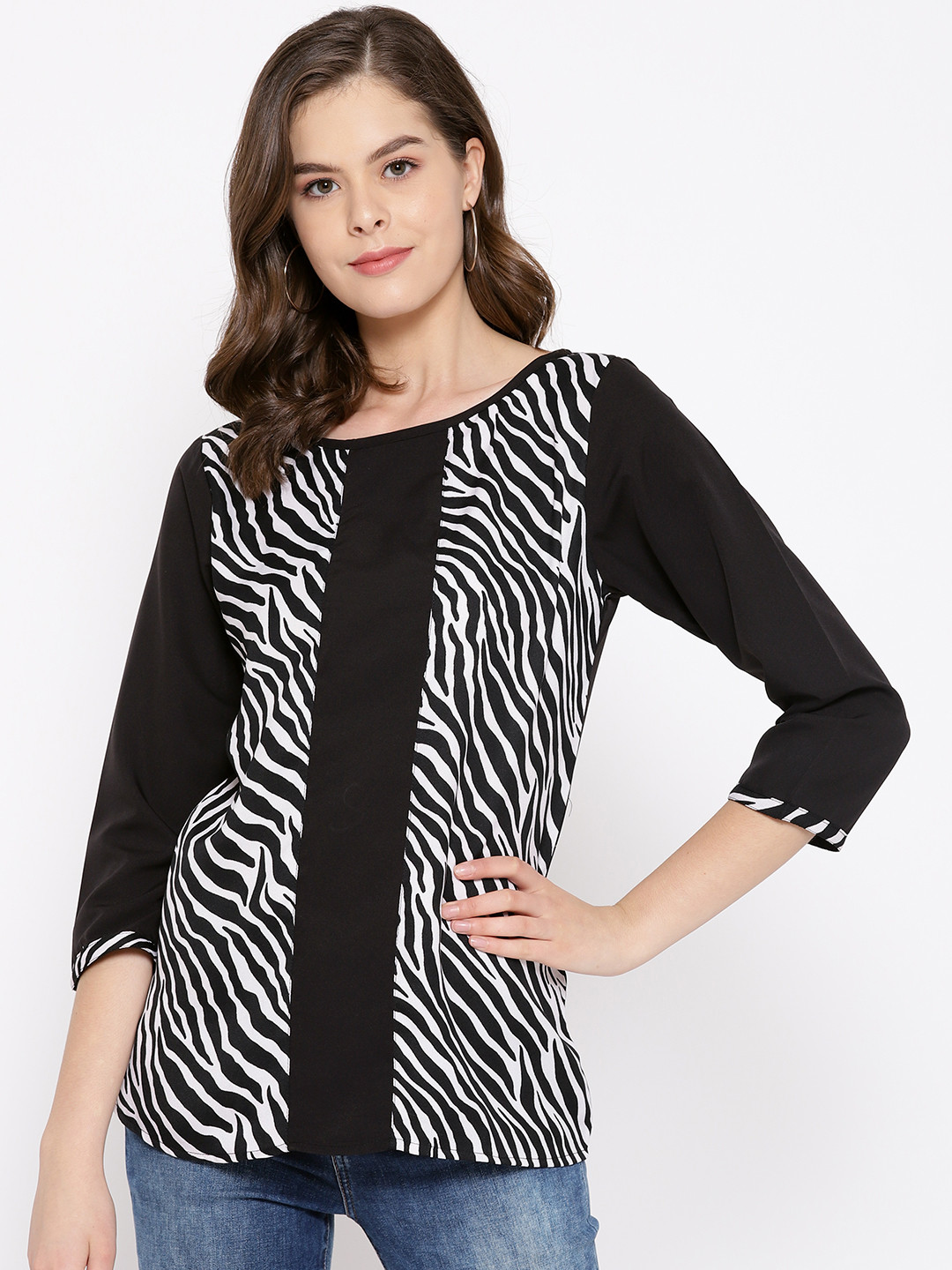 

Karmic Vision Women Black & White Animal Printed Top