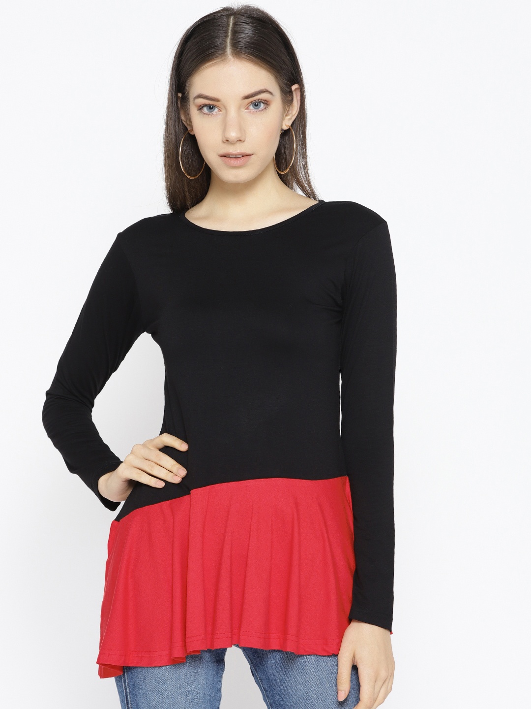 

Karmic Vision Women Black & Red Colourblocked A-Line Top