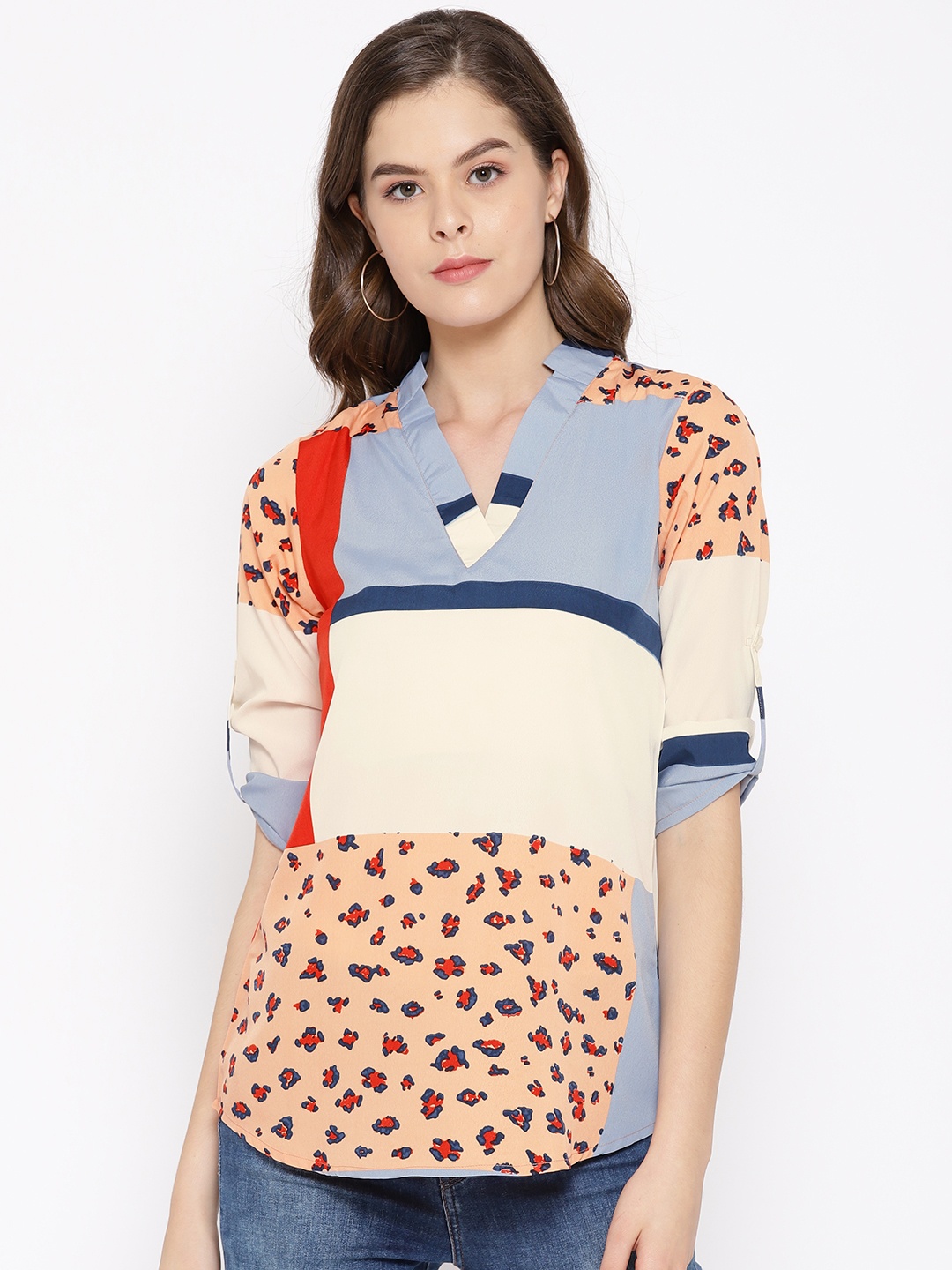 

Karmic Vision Women Peach-Coloured & Blue Printed Top