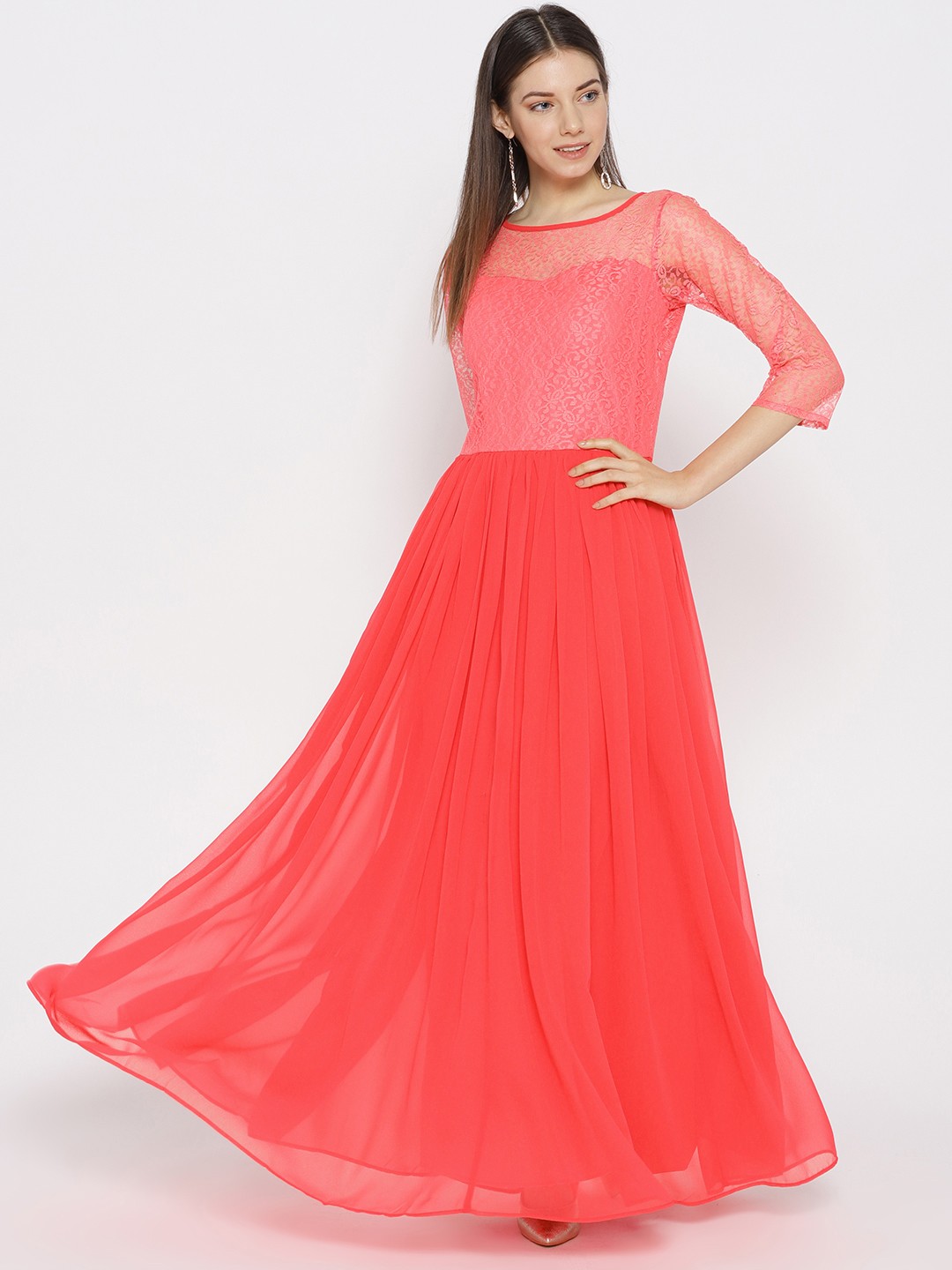 

Karmic Vision Women Coral Pink Solid Maxi Dress