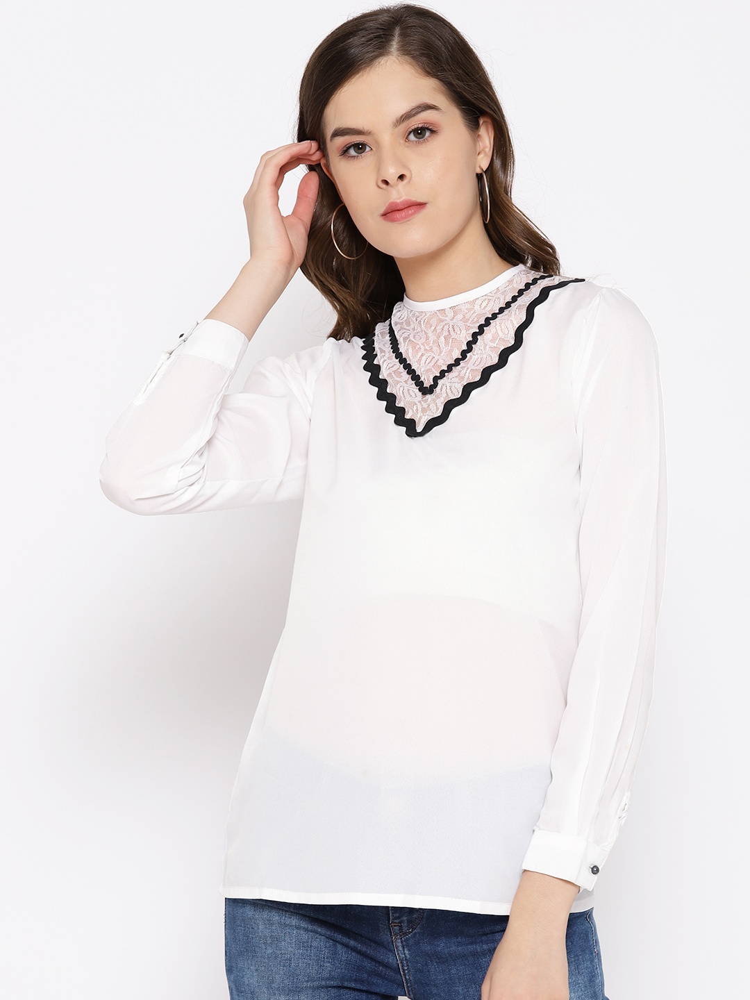 

Karmic Vision Women White Solid Semi-Sheer Top