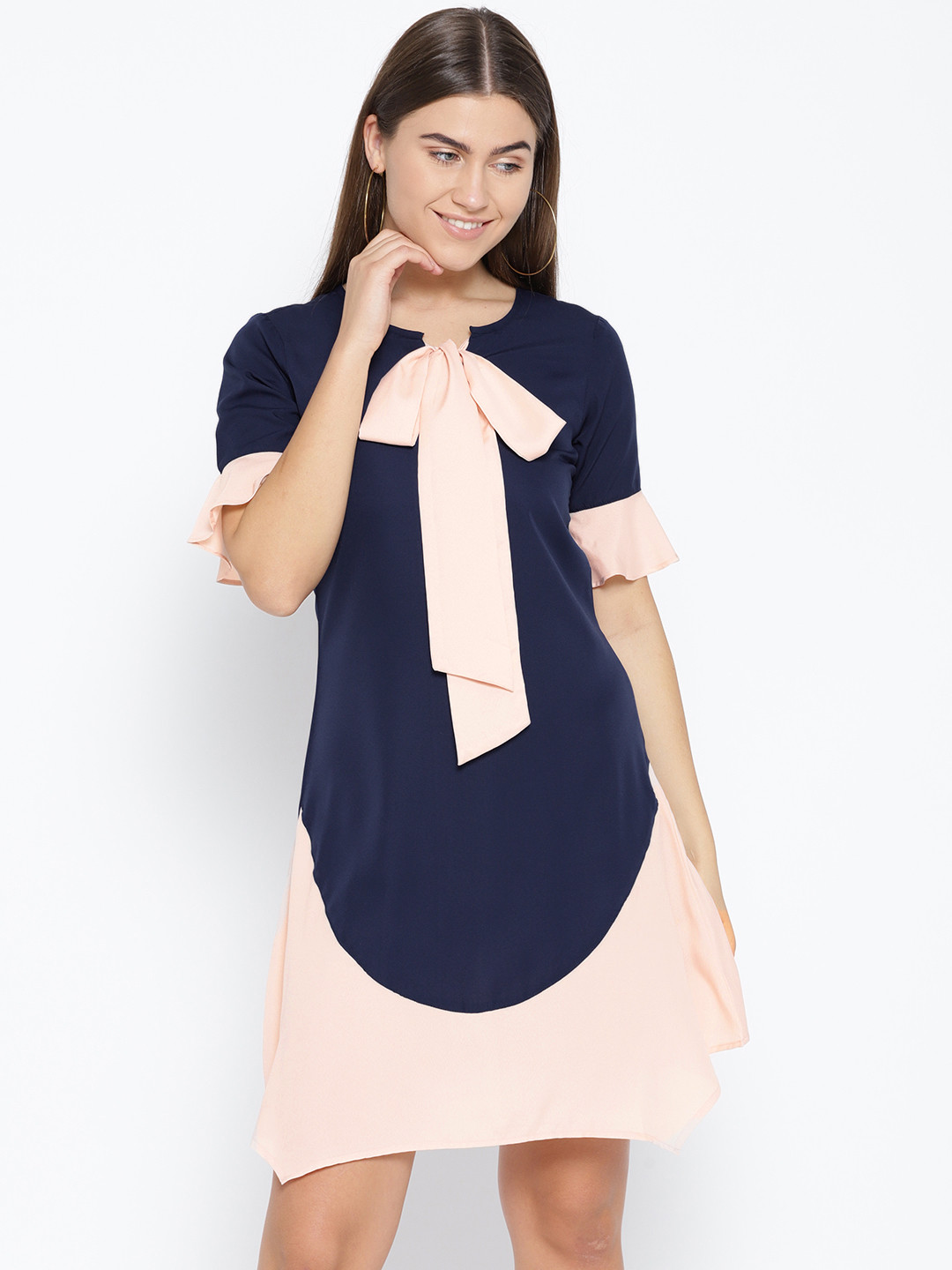 

Karmic Vision Women Navy Blue & Peach-Coloured Colourblocked A-Line Dress