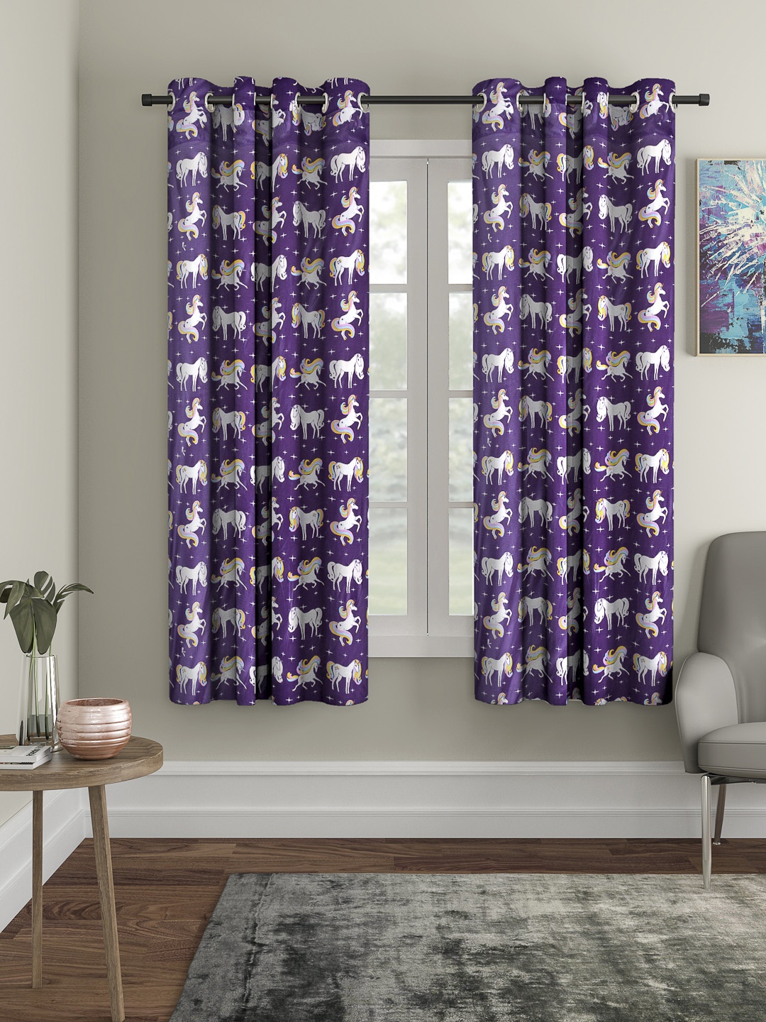 

Cortina Purple & White Set of 2 Black Out Glowing in Dark Window Curtains