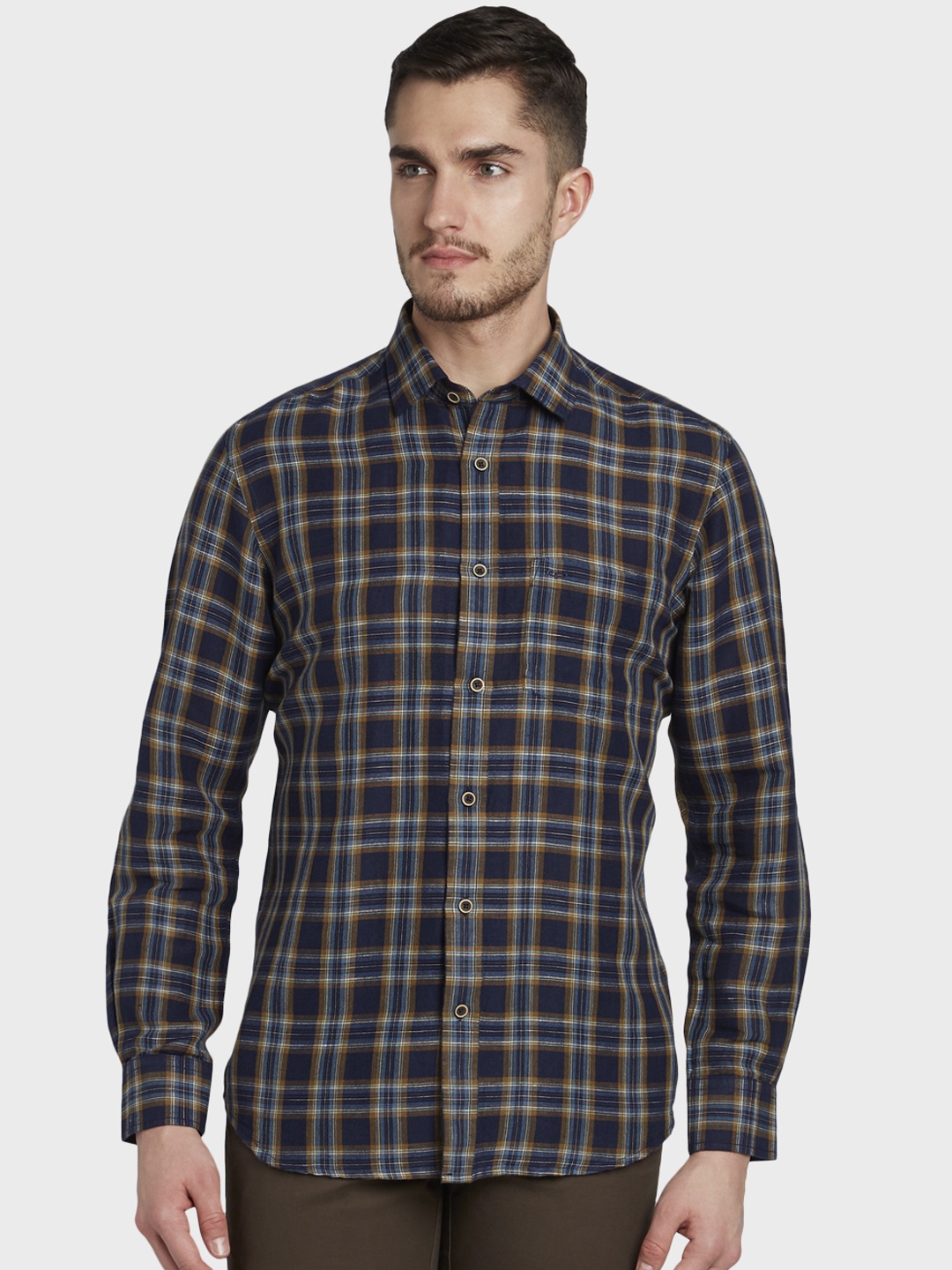 

ColorPlus Men Blue & Brown Linen Tailored Fit Checked Casual Shirt