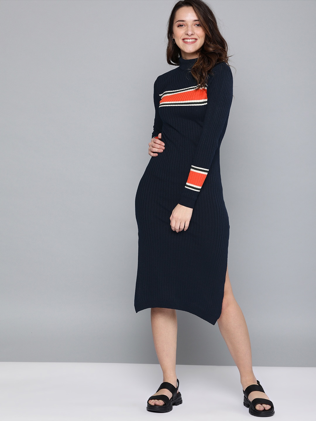 

Mast & Harbour Women Navy Blue Solid Ribbed Jumper Dress