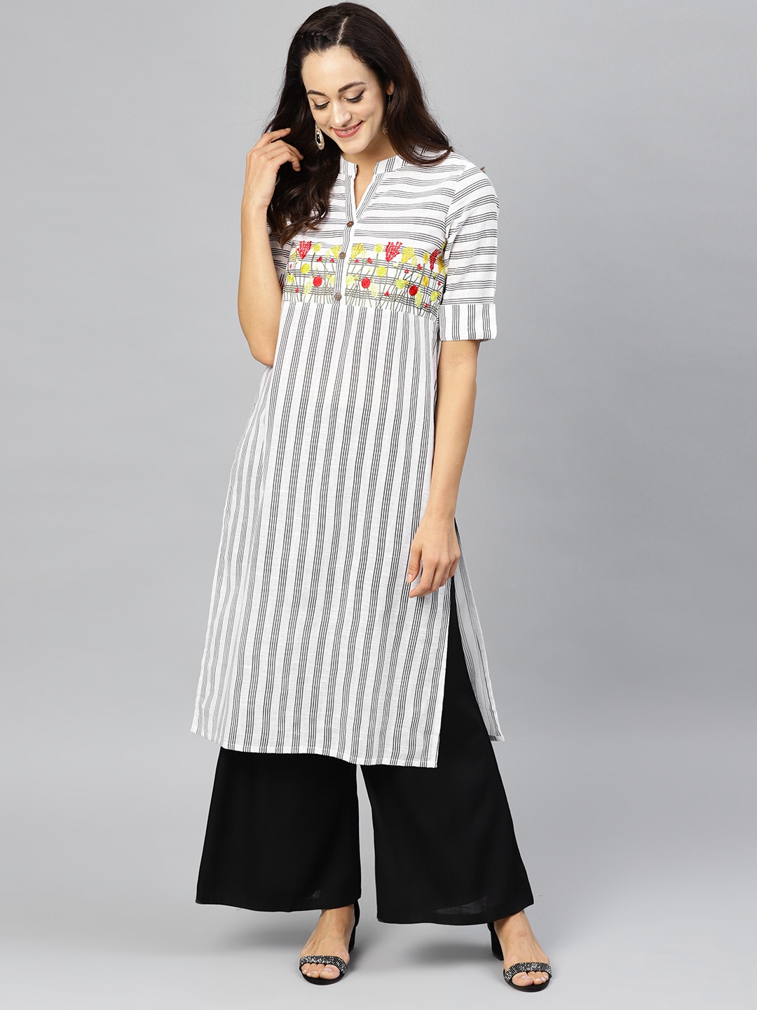 

AKS Women White & Black Striped Straight Kurta