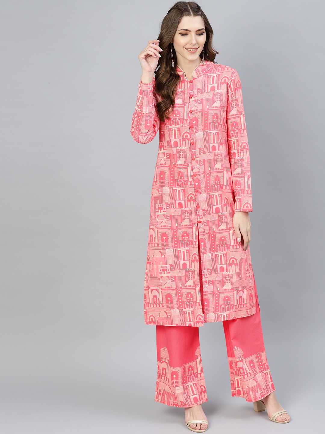 

AKS Women Pink & Off-White Hawa Mahal Printed Kurta with Palazzos