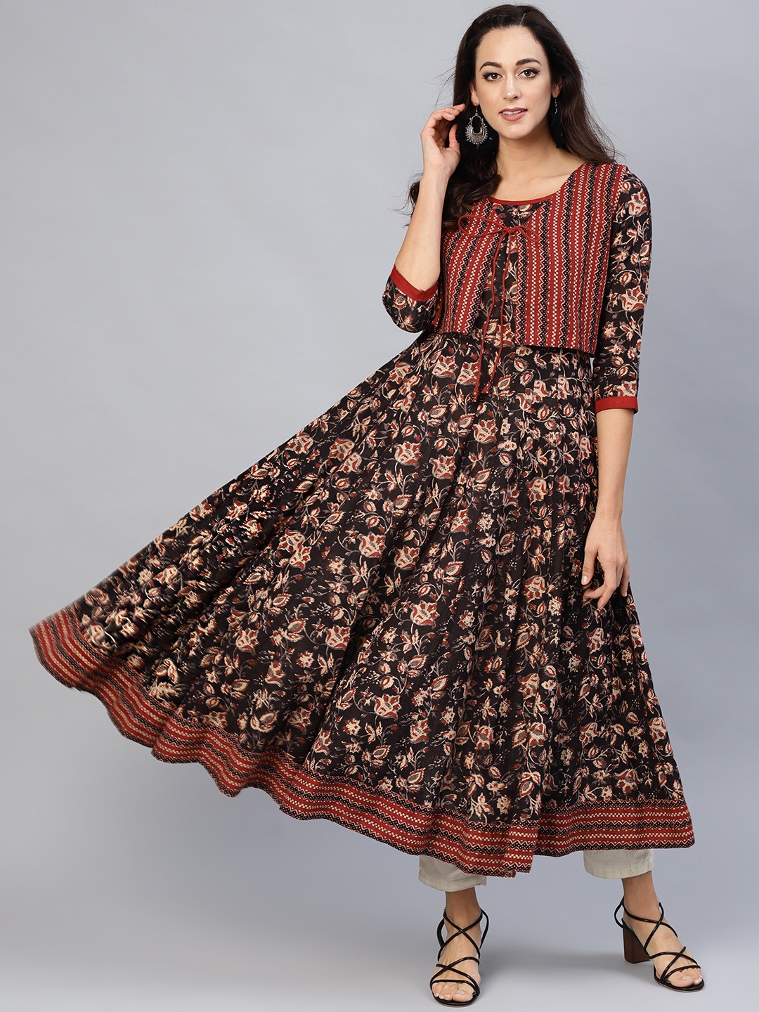 

AKS Women Coffee Brown & Maroon Printed Anarkali Kurta with Ethnic Jacket