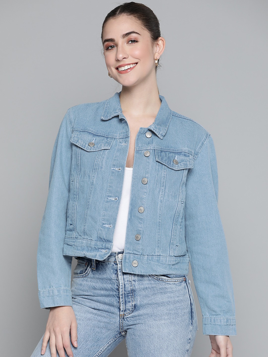 

Tokyo Talkies Women Blue Solid Pure Cotton Denim Jacket