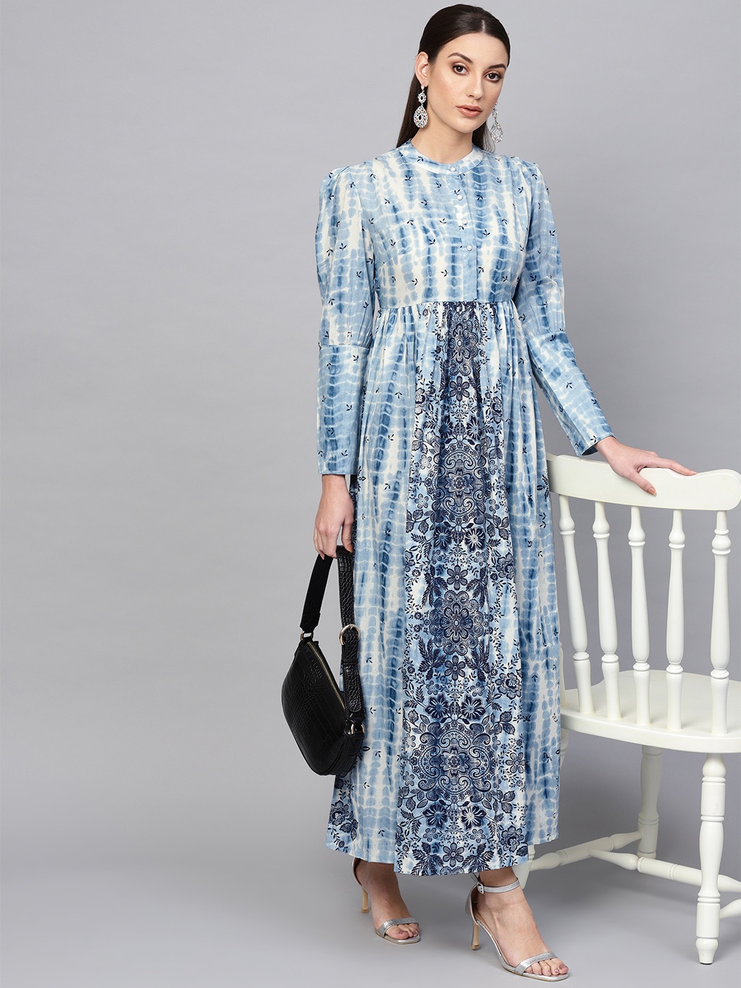

AKS Women Blue & White Printed Maxi Empire Dress