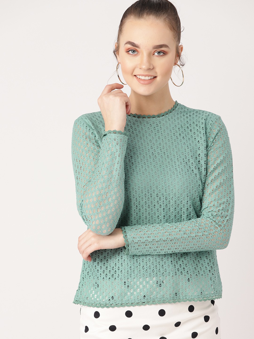 

DressBerry Women Green Lace Regular Top