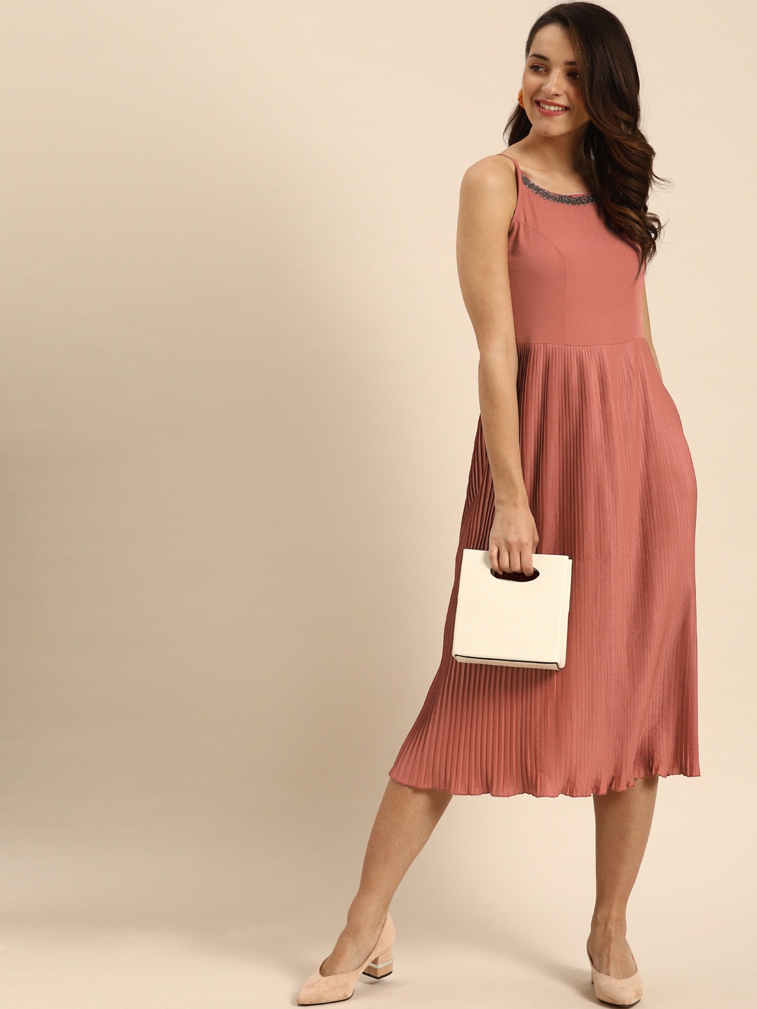 

DressBerry Women Pink Solid Accordian Pleated Fit and Flare Dress With Embellishment